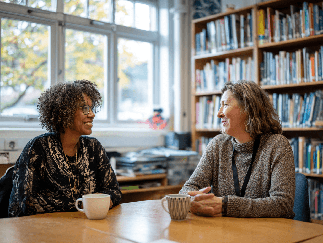 Two educators in a thoughtful professional conversation in a school setting