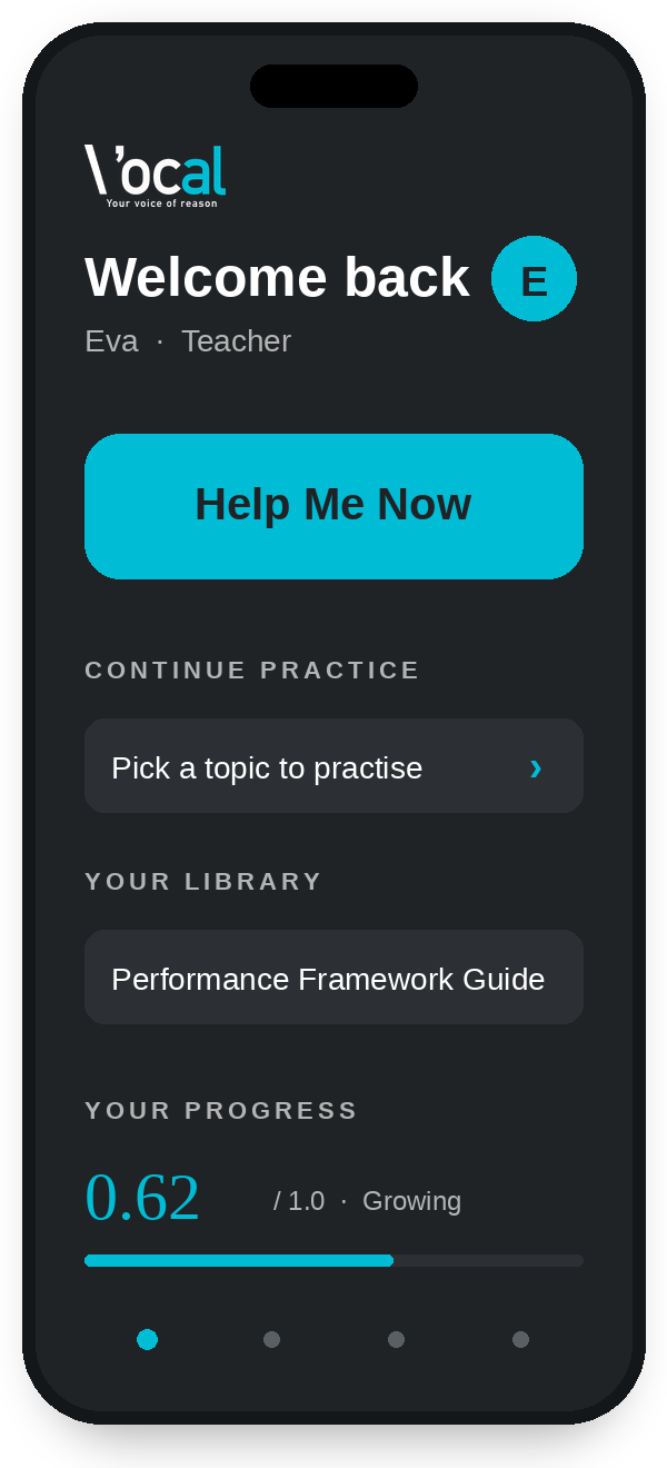 Vocal home screen on a mobile phone — Help Me Now button, Continue Practice, Your Library, Your Progress